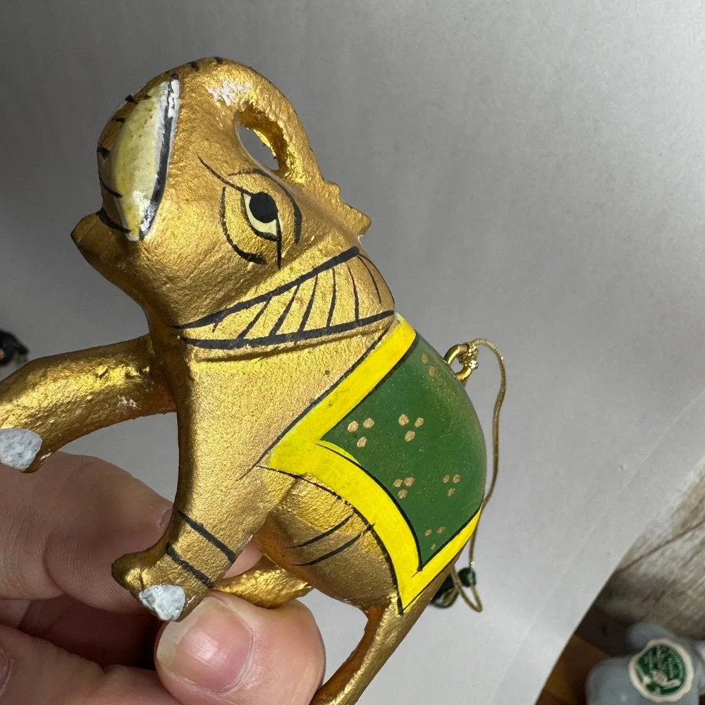 Hand Painted Gold Elephant Christmas Ornament Green Yellow Tassel‎ Hanging Decor